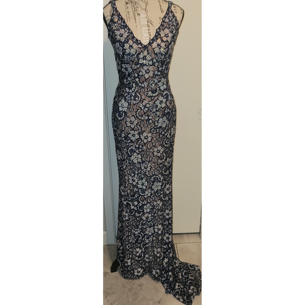 Jovani Navy Blue Lace Open Back Mermaid Prom Gown Silver Rhinestones Fitted sz 4 - Picture 13 of 16
